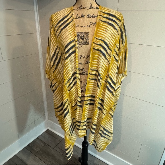 MAELU Womens Yellow Blue Cream Striped Open Front Kimono - One Size - Picture 1 of 6
